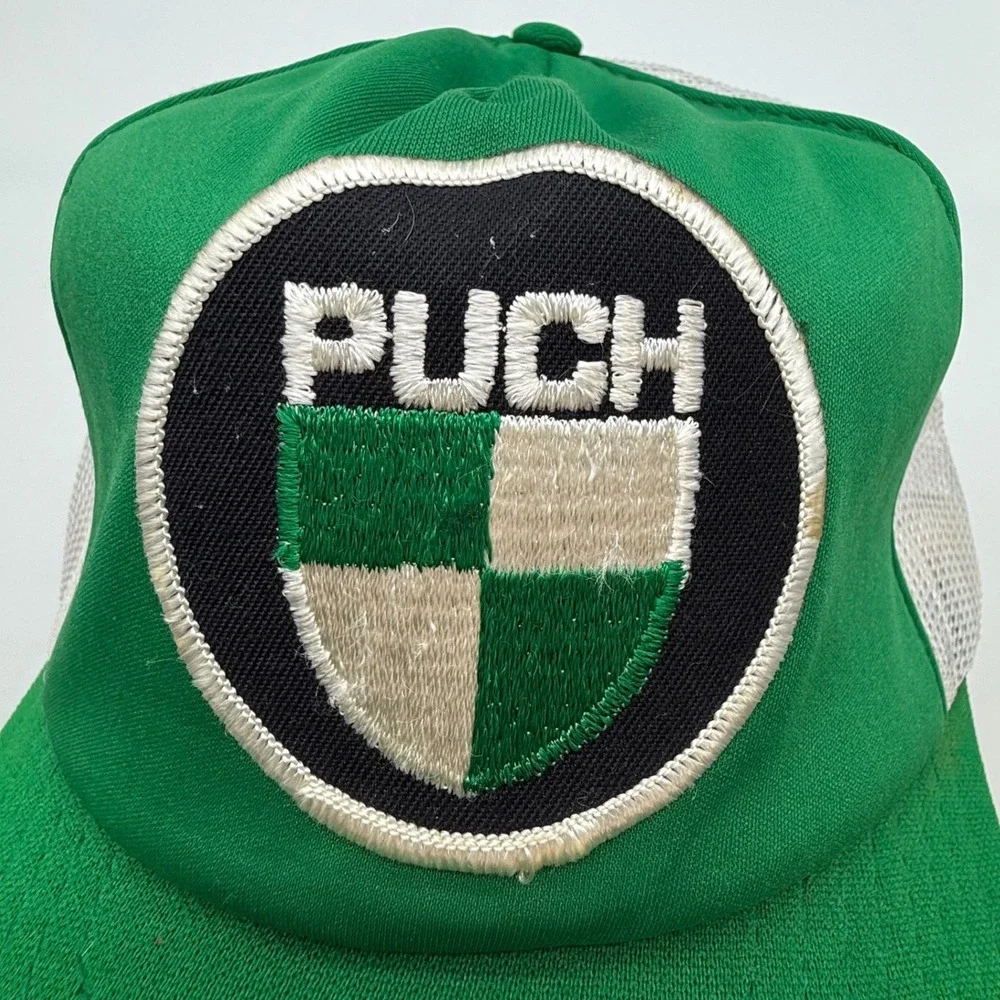Vintage Puch Moped Trucker Hat Green White Mesh Snapback US Cap Made in USA